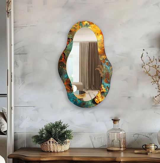 Copper And Turquoise Abstract Wall Mirror an asymmetric mirror features a vibrant copper turquoise and gold abstract design tempered glass on a white wall