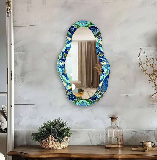 With its cool color temperature, the turquoise mosaic modern wall mirror for wall decor creates a calming ambiance in a room.