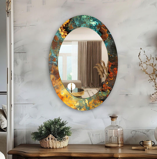 Copper Abstract Oval Wall Mirror with a vibrant abstract design in copper teal and orange colors made of tempered glass
