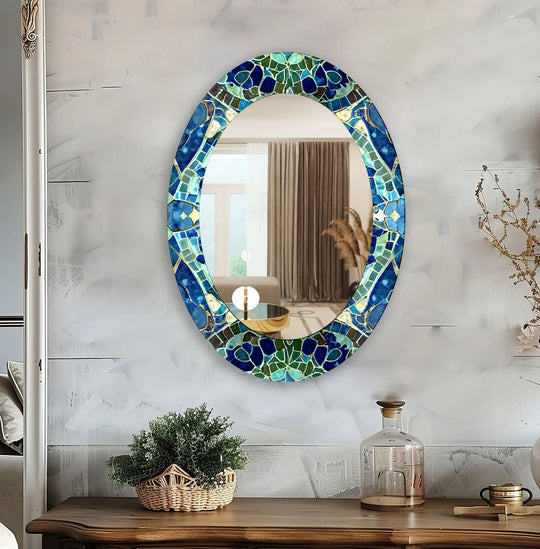 Reflecting the intricate green and blue mosaic pattern, this oval wall decorative mirror showcases the realistic detail of handcrafted elegance.