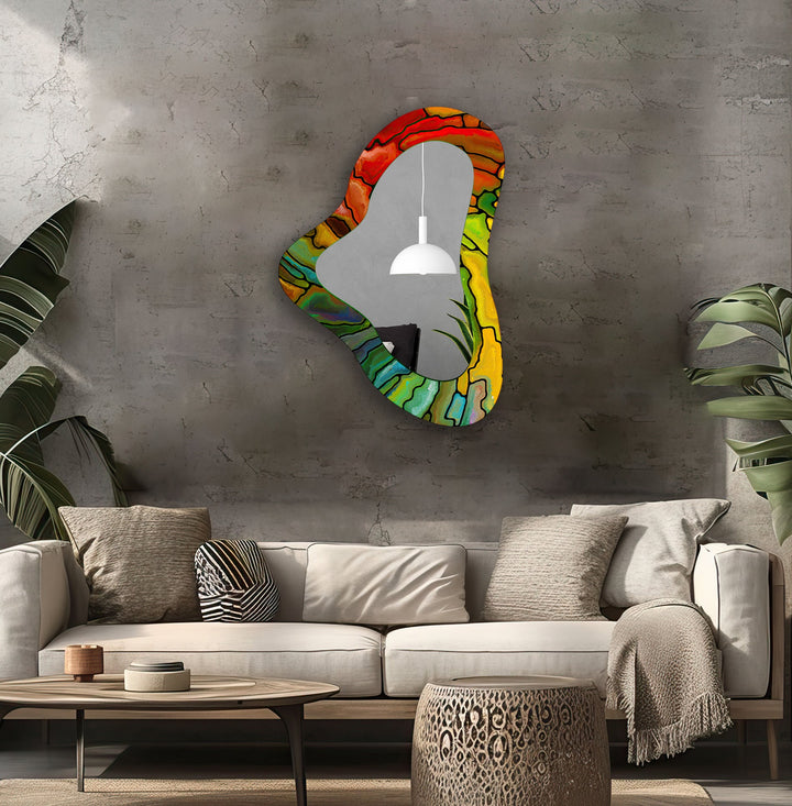 Mirror wall decor combining bold shapes and reflective surfaces to create a striking focal point
