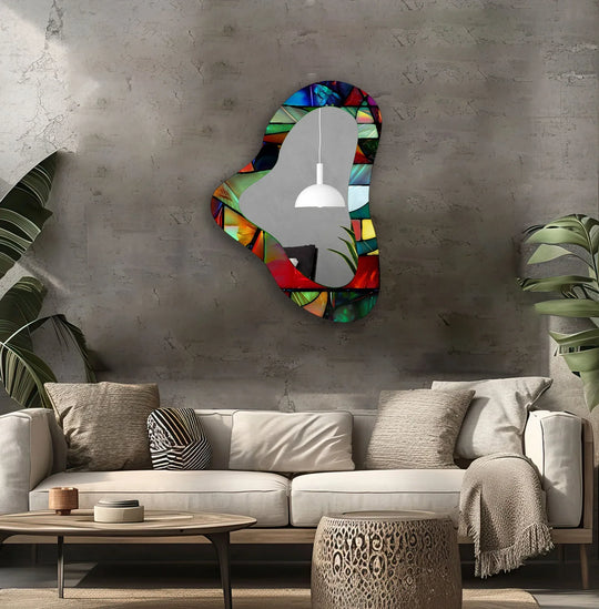 The realistic detail of the vivid red asymmetrical glass wall mirror highlights its colorful design, making it a bold piece of unique modern wall decor.