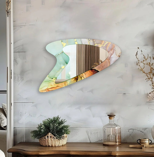 Mirror wall decor combining bold shapes and reflective surfaces to create a striking focal point
