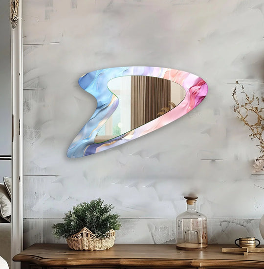Pastel colors abstract asymmetric mirror displaying blue purple pink and gold hues a decorative small wall accent of tempered glass