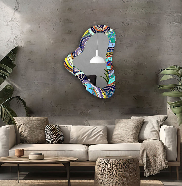 Mirror wall art with abstract shapes and reflective surfaces for a modern artistic vibe
