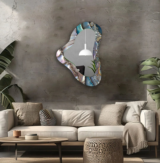 Crafted with a distinctive asymmetrical design, the purple framed bathroom mirror features high-quality glass and durable materials for enduring style.