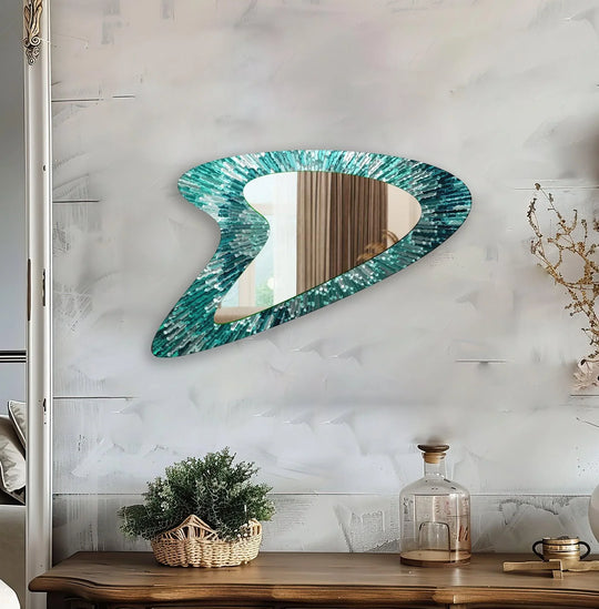 Soft reflections grace this green lines abstract modern wall mirror, reflecting elegance as a unique modern wall decor piece.