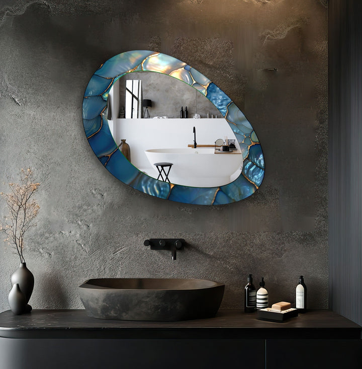 Abstrakter Wandspiegel in Blau-Metallic