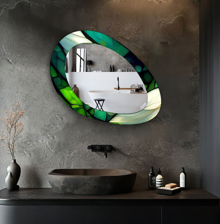 Mirror wall decor combining bold shapes and reflective surfaces to create a striking focal point
