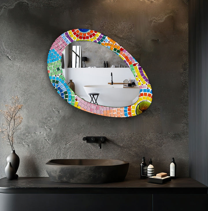 Mirror wall decor combining bold shapes and reflective surfaces to create a striking focal point
