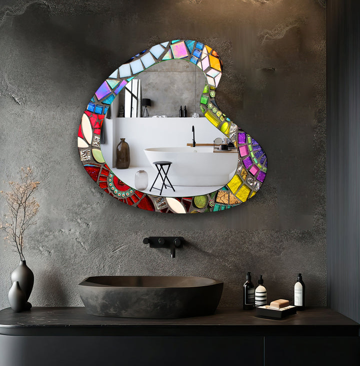 Mirror wall decor combining bold shapes and reflective surfaces to create a striking focal point
