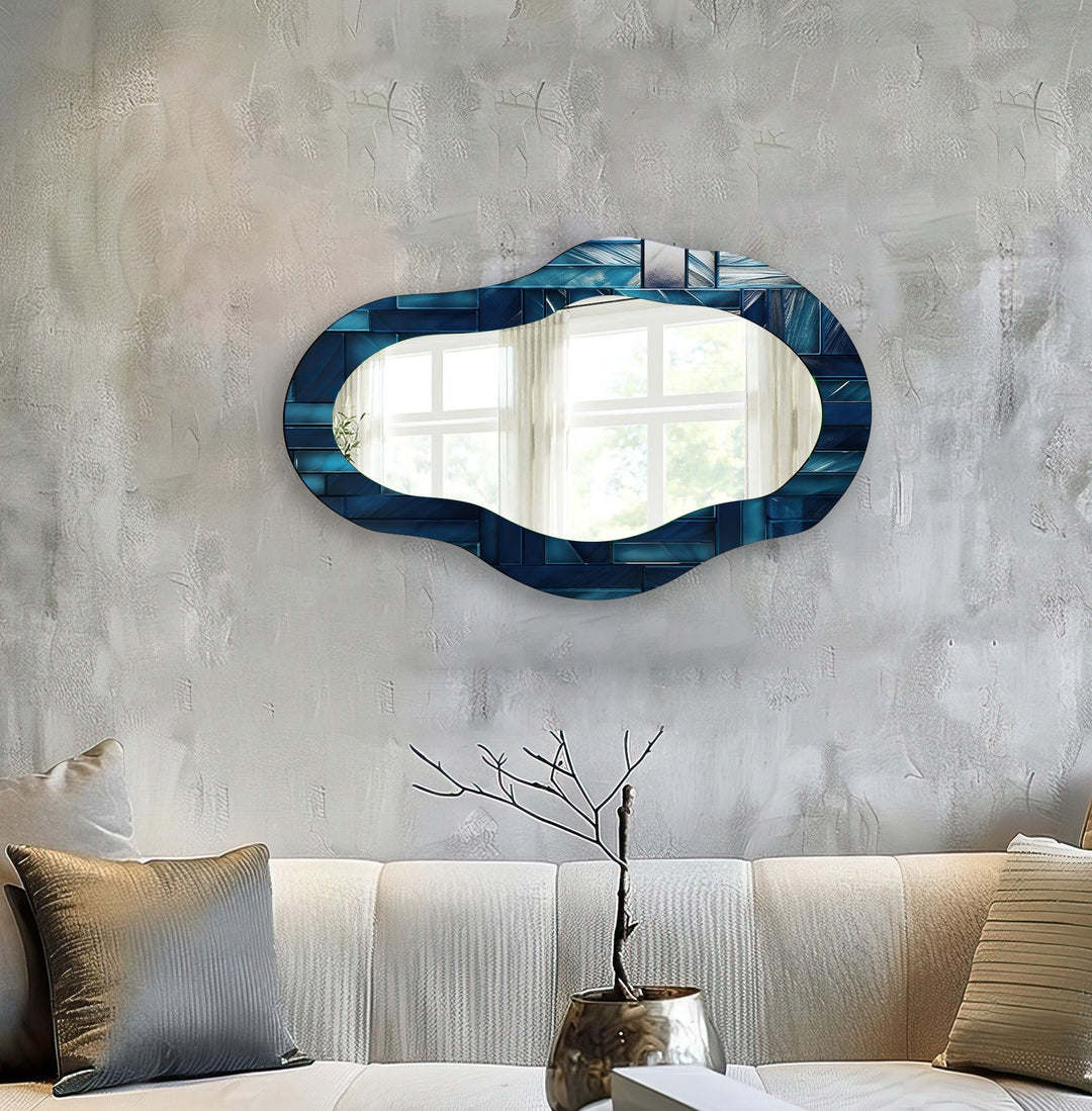 Blau gebeizter asymmetrischer Wandspiegel