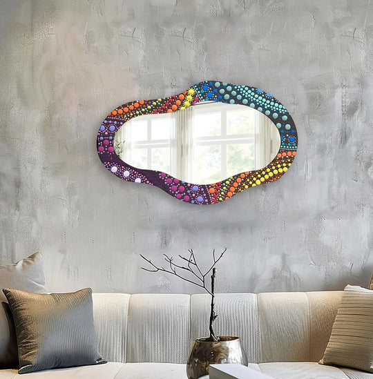 Layering of vibrant dots creates a striking effect on this mosaic asymmetrical color wall mirror, offering a unique home decoration piece among modern wall mirrors.