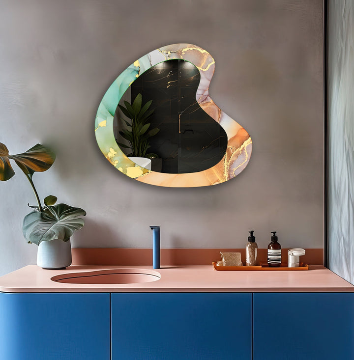Abstrakter Wandspiegel aus Glas in Orange und Grün