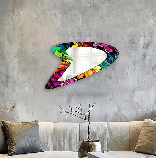 Featuring vibrant geometric color patterns, this asymmetric wall mirror brings artistic flair to home decoration, reflecting light and contemporary style.