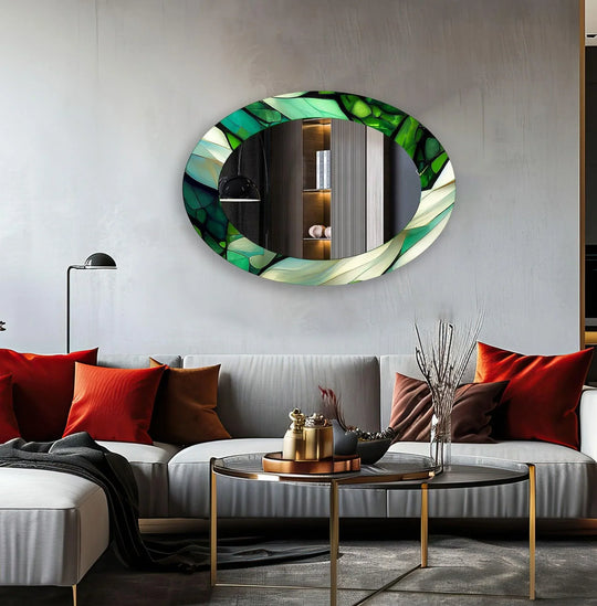 Softly reflecting the room, the green dining room oval wall decorative mirror features a mosaic design that makes it a unique print wall art piece.