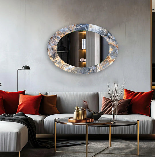 Showcasing the layering effect, the gray abstract oval wall mirror features a stunning blend of marbled textures, adding depth to this unique mirror for wall decor.