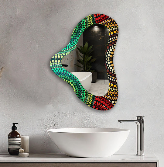 The layering effect of the mosaic decorative mirror is enhanced by the alternating colors in an irregular shape.