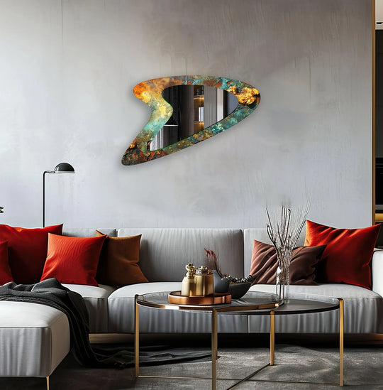 Gradual shifts in tone highlight the organic, asymmetrical form of this green abstract aesthetic glass wall mirror, creating a unique piece of home decor.