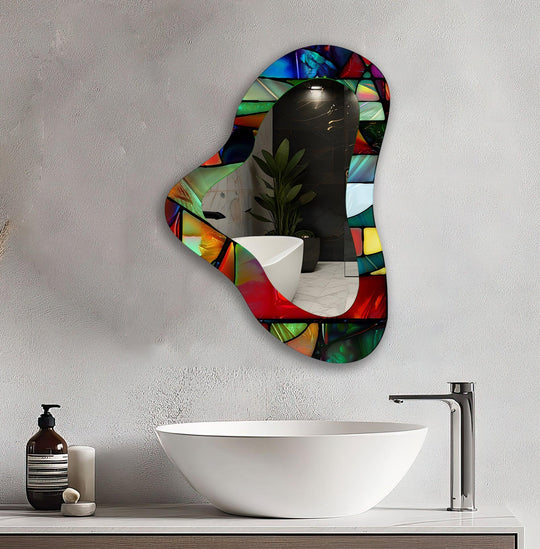Crafted with premium, tempered glass and featuring ultra 8k prints, this vivid red asymmetrical decorative mirror offers unparalleled clarity and a visually striking glass art aesthetic.