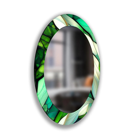 Mosaic-style frame with exceptional material quality shows a captivating decorating with wall mirrors, complemented by durable construction in this green oval wall mirror.