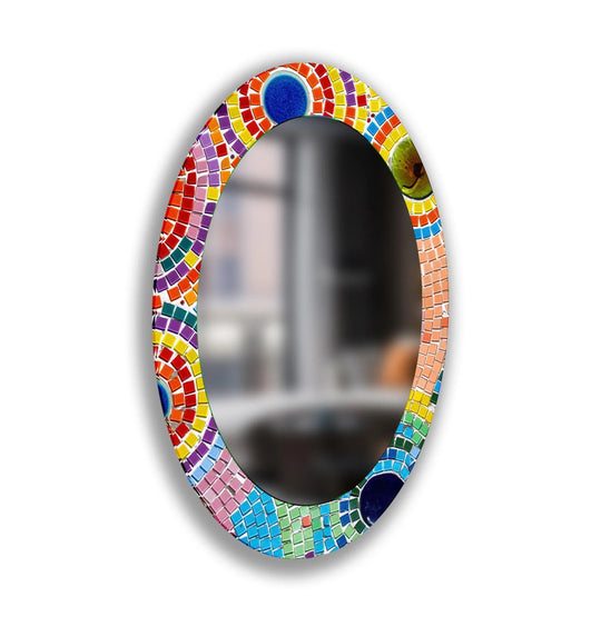 Warm hues and cool tones intermingle in this oval wall mirror, creating a balanced color temperature within the decorative stained glass wall mirror design.