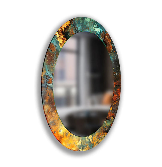 Copper Abstract Oval Wall Mirror features a striking blend of orange and teal with a textured rusted finish