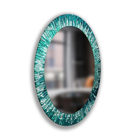 Up-close, the intricately textured frame of this turquoise modern oval wall mirror showcases a unique decorating with wall mirrors design.
