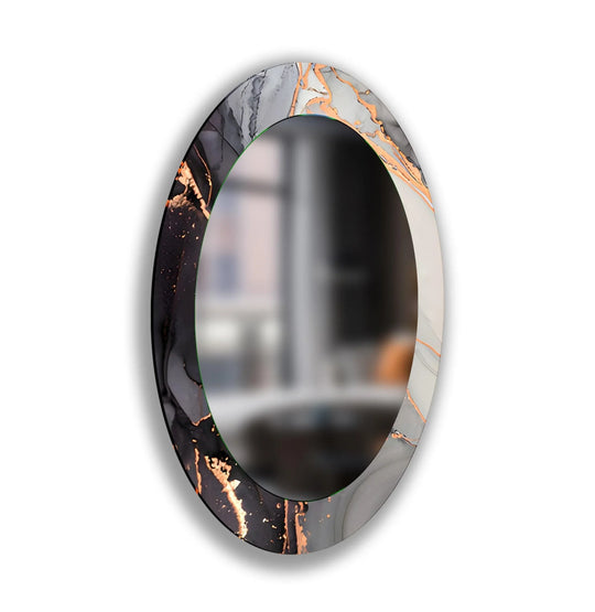 Asymmetric mirror showcasing an oval form with an abstract black white and copper design on glass