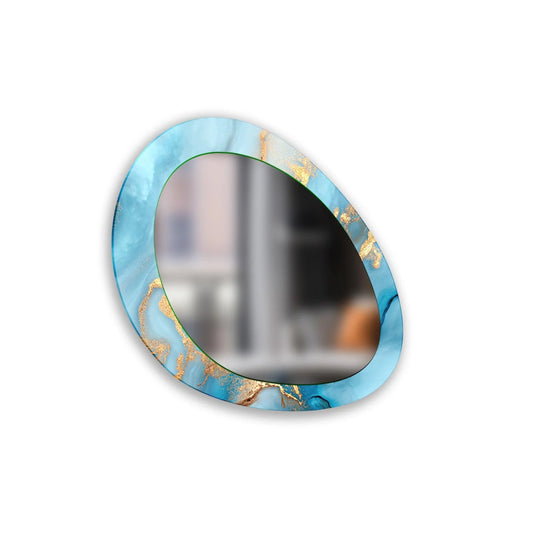 An asymmetric mirror with a blue and gold abstract fluid art design a large modern wall mirror