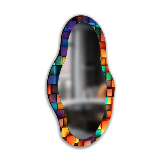 The asymmetric mirror has a colorful stained effect and is a modern wall mirror and vibrant decor that will brighten any space and is easy to hang