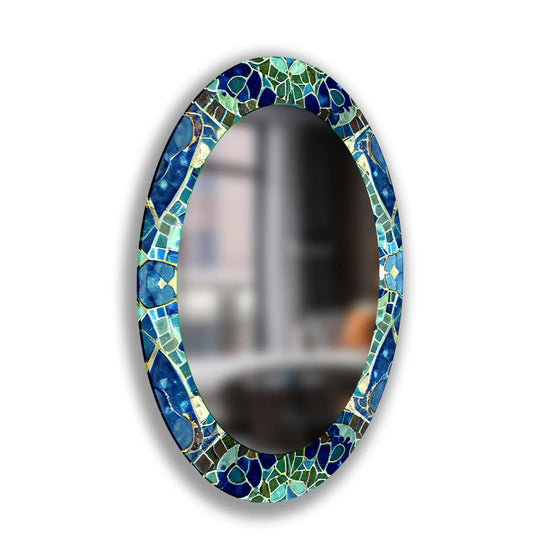Abstract decorative mirror art showcases a captivating mosaic of green and blue fragments, creating an artistic, elegant impression.