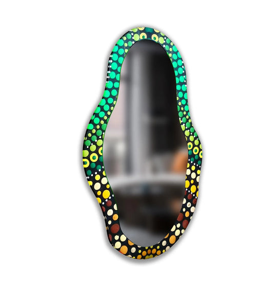 The realistic detail in this green mosaic asymmetrical wall mirror reveals the intricate pattern work, adding a unique design for a modern bathroom mirror.