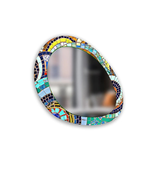 Artisanal finish of the color mosaic wall mirror showcases a vibrant, multi-hued tile design, creating a visually striking framed wall mirror.