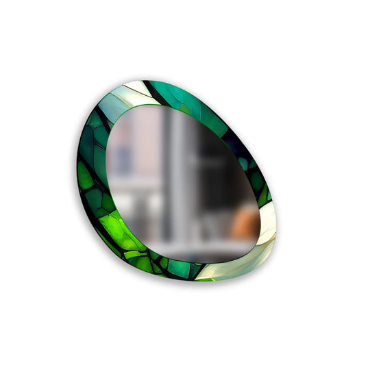 Highlighting a striking color contrast, this decorative mirror showcases an oval entryway design featuring vibrant green tones against the reflective glass in modern wall prints.