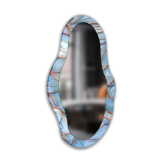 Cool color temperature is exhibited in this blue abstract with copper details wall mirror, a functional and decorative bathroom mirror showcasing a modern aesthetic.