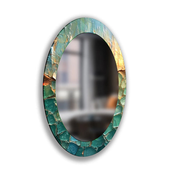 Highlighting the brightest upper portion, this turquoise stained oval wall mirror offers a sophisticated modern mirror addition to any room.