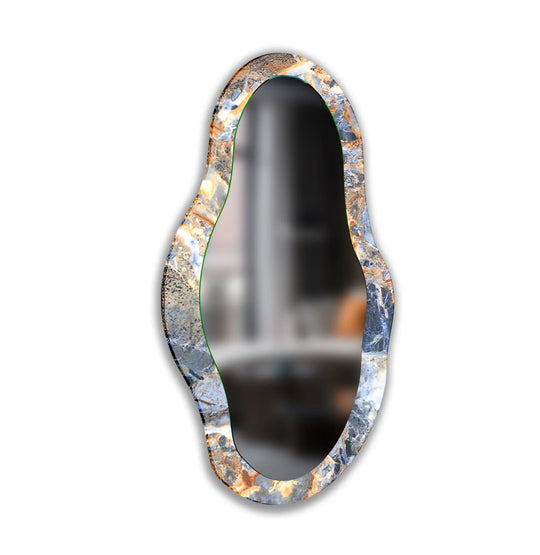 Showcasing the abstract quality, this gray wall mirror presents an exquisite stained glass wall mirror design with fluid shapes and a striking marble-like pattern.