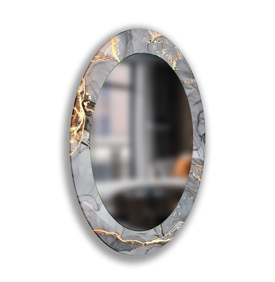 Oval wall mirror with gray and gold abstract asymmetric design and tempered glass perfect for small spaces