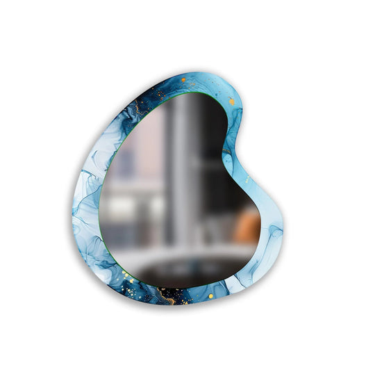 Asymmetric mirror with blue abstract watercolor design and gold flecks forms an irregular modern art decor wall mirror