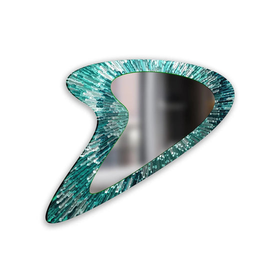 Highly saturated teal hues accentuate the mosaic pattern on this modern, abstract wall mirror, offering an eye-catching stained glass wall mirror.