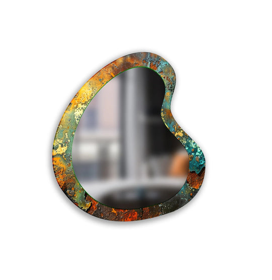 asymmetric mirror features a textured abstract frame in vibrant green yellow and orange delivering a decorative wall mirror with an irregular shape