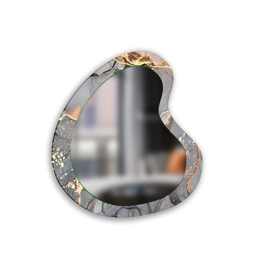 The stillness of the grey and gold alcohol ink design brings a quiet sophistication to this asymmetrical wall mirror, a fusion of function and art from glass.