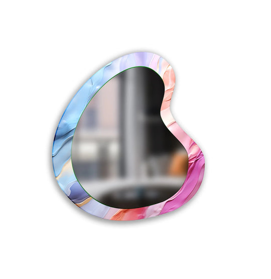 Asymmetric glass wall mirror with an irregular shape and a vivid pink and blue abstract border is a modern wall mirror