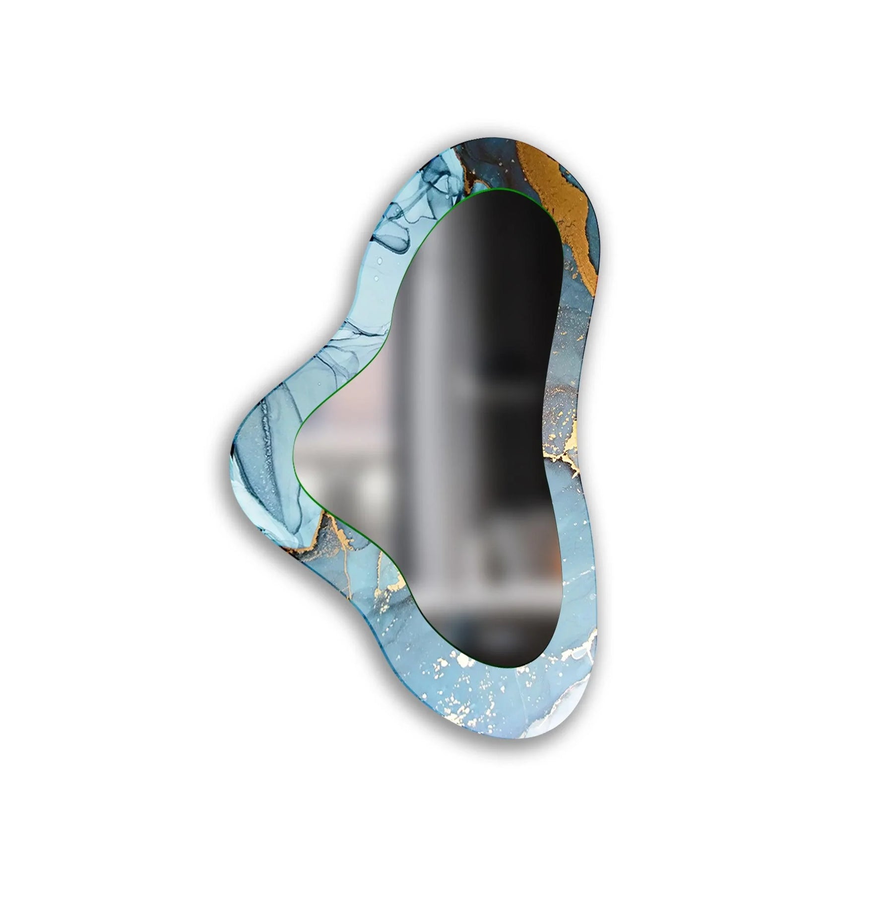 Seen as the central subject, this blue irregular glass wall mirror offers a unique reflection embodying modern mirror style with its asymmetric, artistic design.