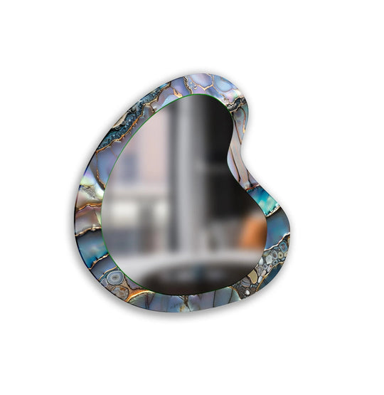 Purple Abstract Modern asymmetric mirror with an irregular organic design and iridescent geode-like frame showing gold accents and a glossy finish