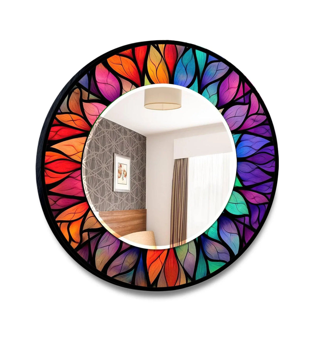 Black-framed edge featuring a stained-glass-inspired pattern of colorful leaves surrounds the round wall mirror, enhancing the decorating with wall mirrors concept.