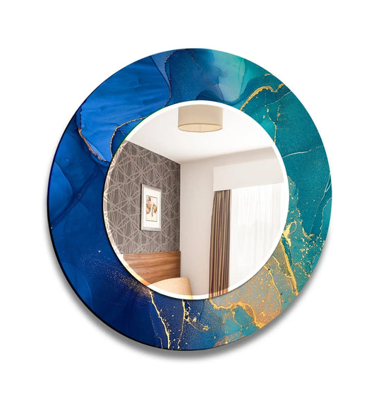 Round Mirror featuring a vibrant blue green and gold abstract pattern creates an elegant abstract mirror