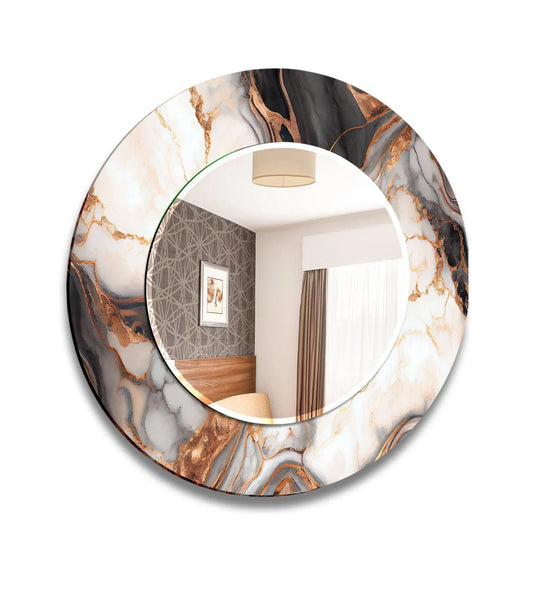 Decorative Wall Mirrors a round abstract boheme design with black white and gray marble patterns and rich gold veins
