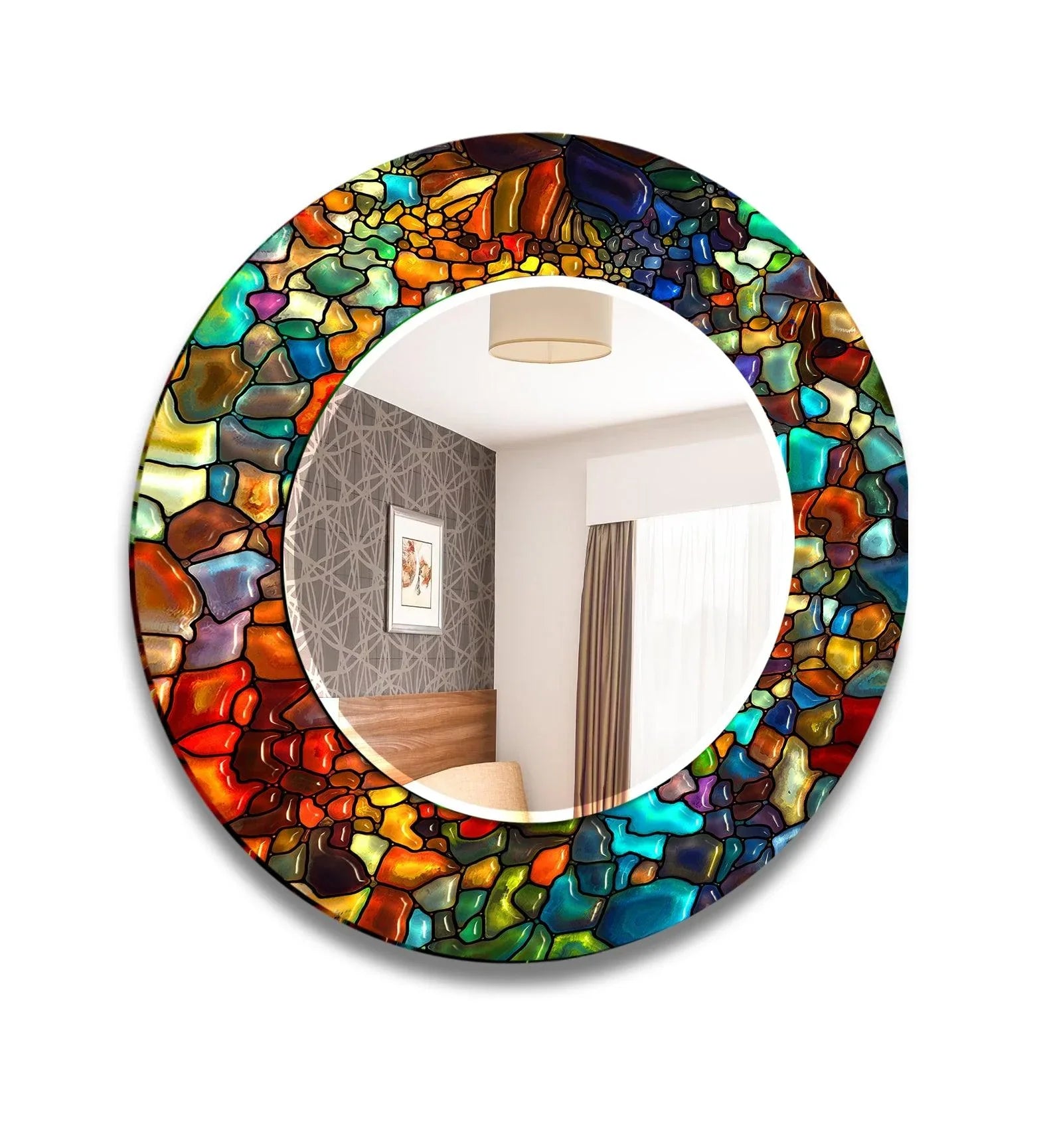 Gentle light filtering through the curtains is softened by the round stained colored stones wall mirror, an eye-catching piece when decorating with wall mirrors.